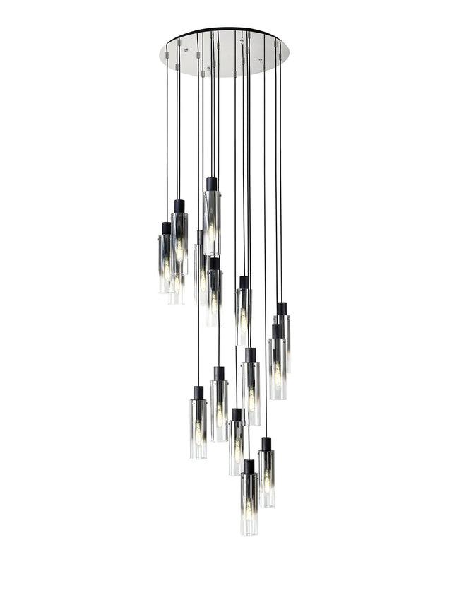 Bridges Round Pendant, 15 Light Adjustable E27, Black/Smoke Fade Glass (25.3kg)