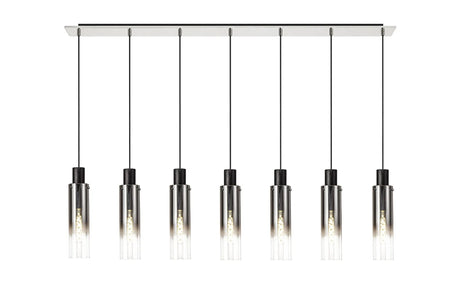 Bridges Linear Pendant, 7 Light Adjustable E27, Black/Smoke Fade Glass