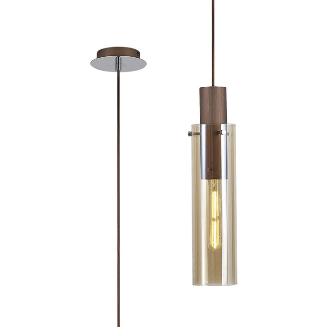 Bridges Single Pendant, 1 Light Adjustable E27, Mocha/Amber Glass