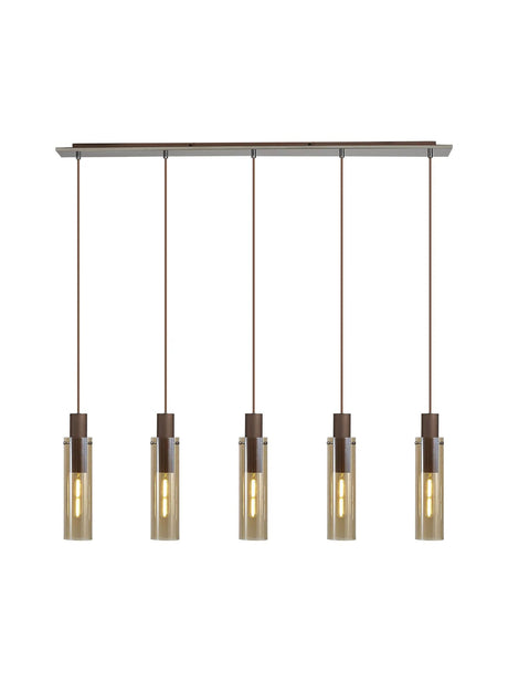 Bridges Linear Pendant, 5 Light Adjustable E27, Mocha/Amber Glass