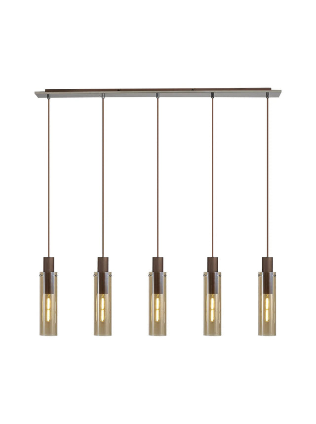 Bridges Linear Pendant, 5 Light Adjustable E27, Mocha/Amber Glass