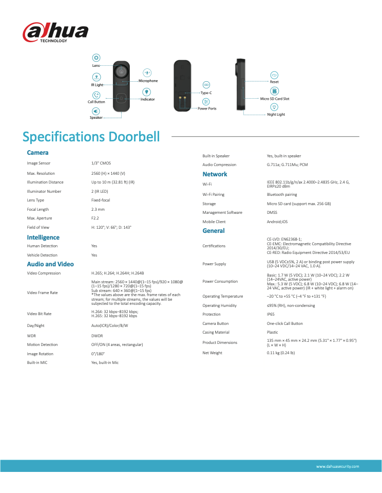 Dahua VDKP01-BG Door Bell Kit with Doorbell and Chime - Black