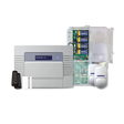 Pyronix Enforcer Kit 1 home alarm system components including a control panel, open battery housing unit, one PIR motion detector, a door contact sensor, and two key fob remote controls