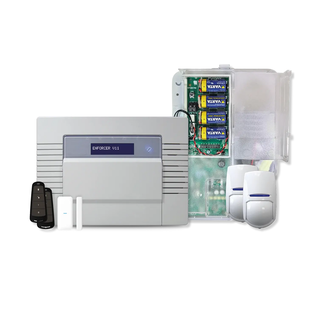 Pyronix Enforcer Kit 1 home alarm system components including a control panel, open battery housing unit, one PIR motion detector, a door contact sensor, and two key fob remote controls