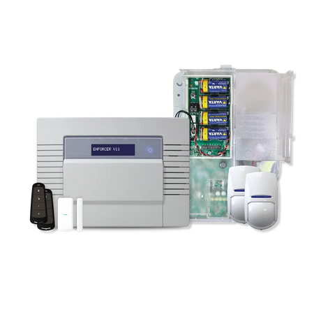 Pyronix Enforcer Kit 1 home alarm system components including a control panel, open battery housing unit, one PIR motion detector, a door contact sensor, and two key fob remote controls