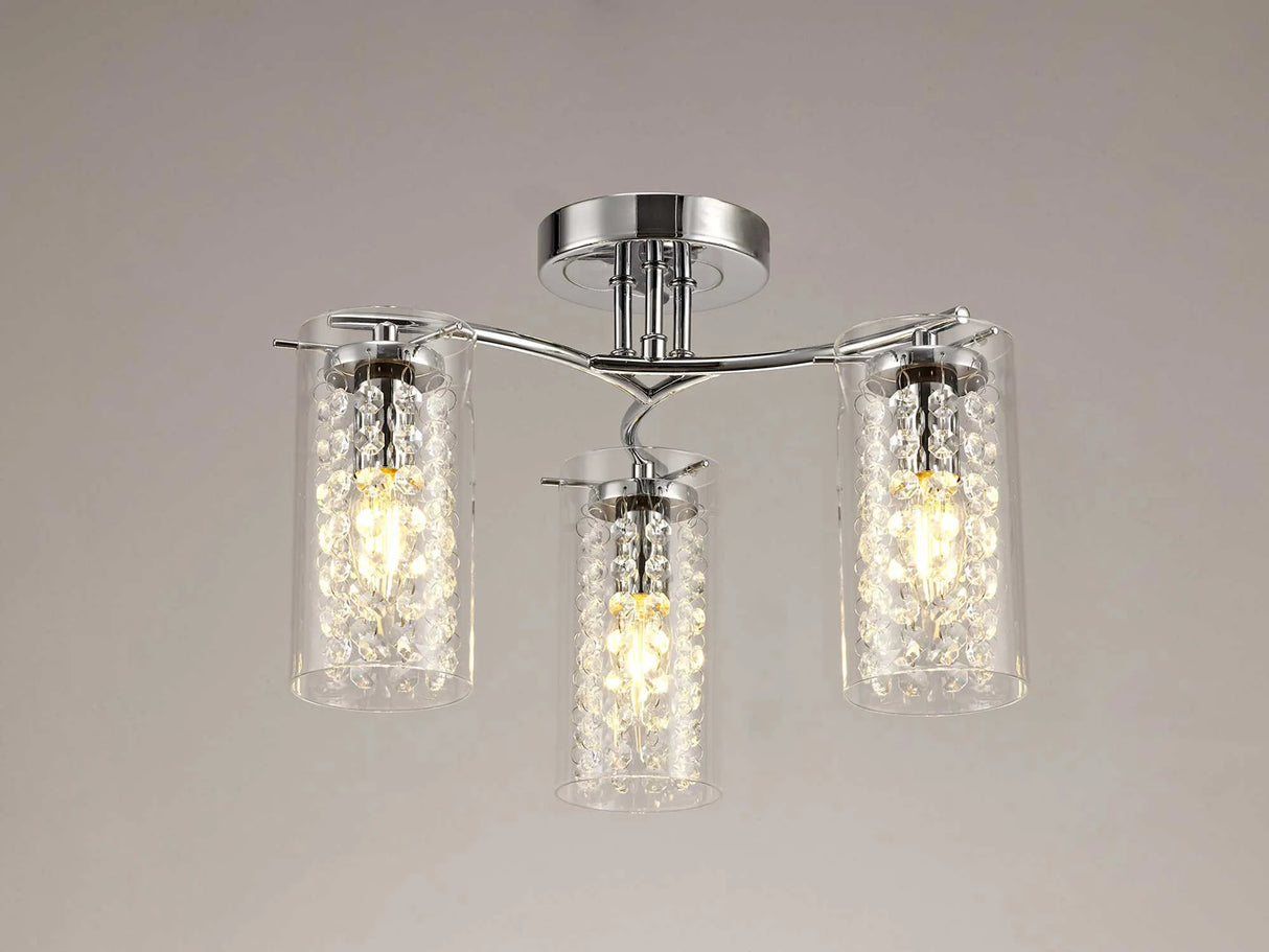 Prudhoe Semi Flush Light, 3 x E14, Polished Chrome/Crystal/Glass