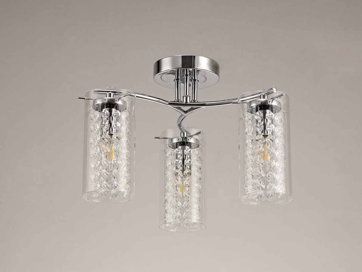 Prudhoe Semi Flush Light, 3 x E14, Polished Chrome/Crystal/Glass