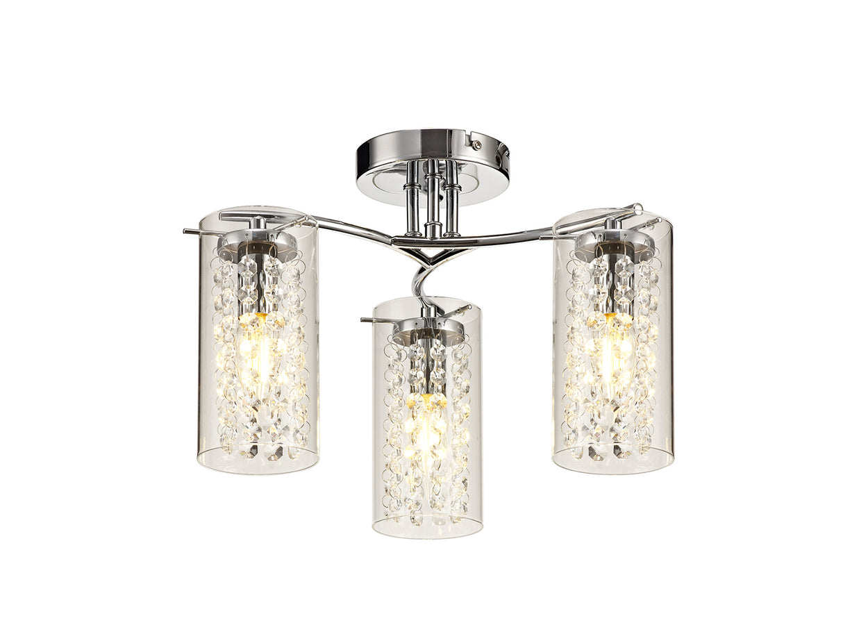 Prudhoe Semi Flush Light, 3 x E14, Polished Chrome/Crystal/Glass