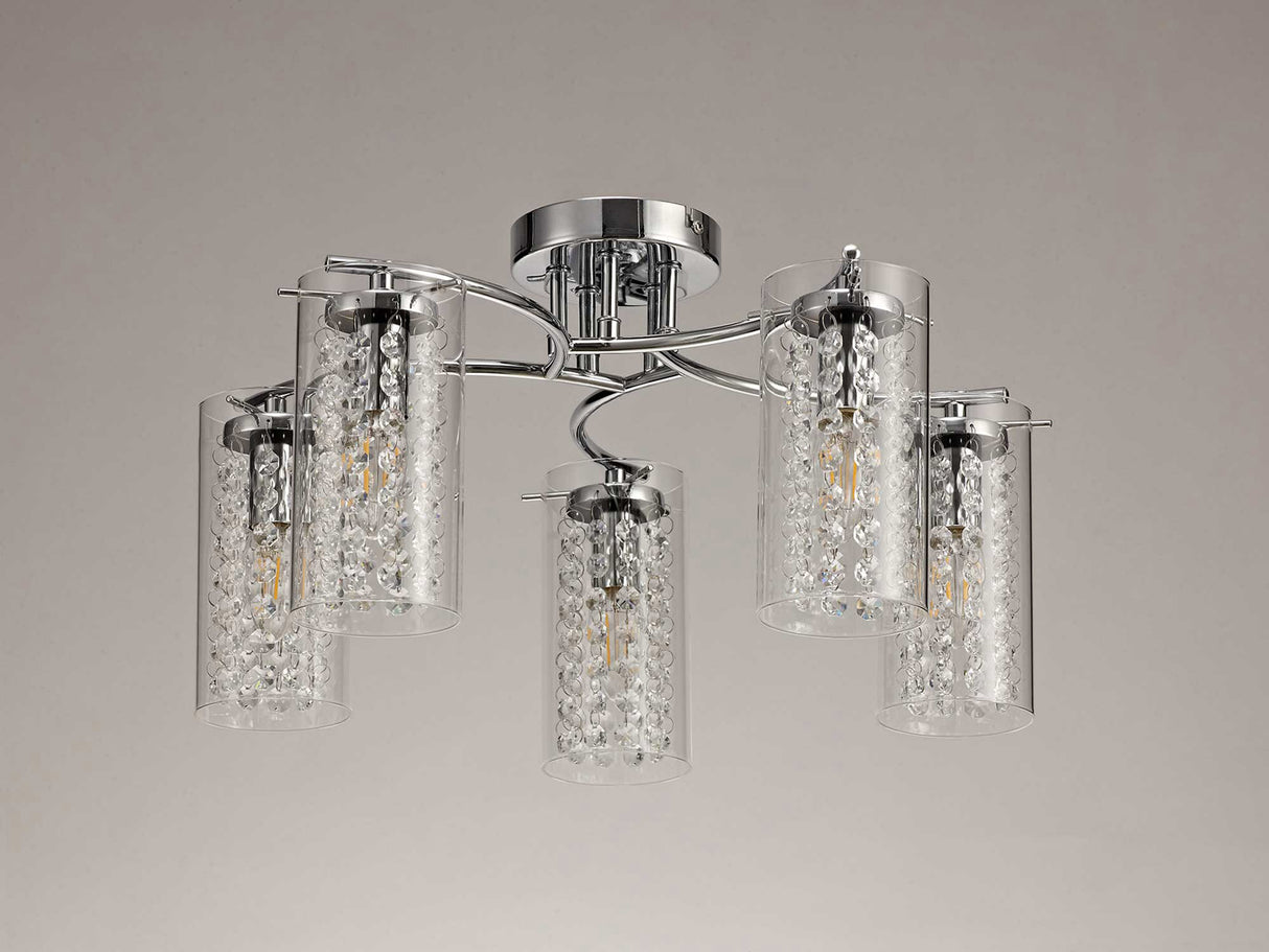Prudhoe Semi Flush Light, 5 x E14, Polished Chrome/Crystal/Glass