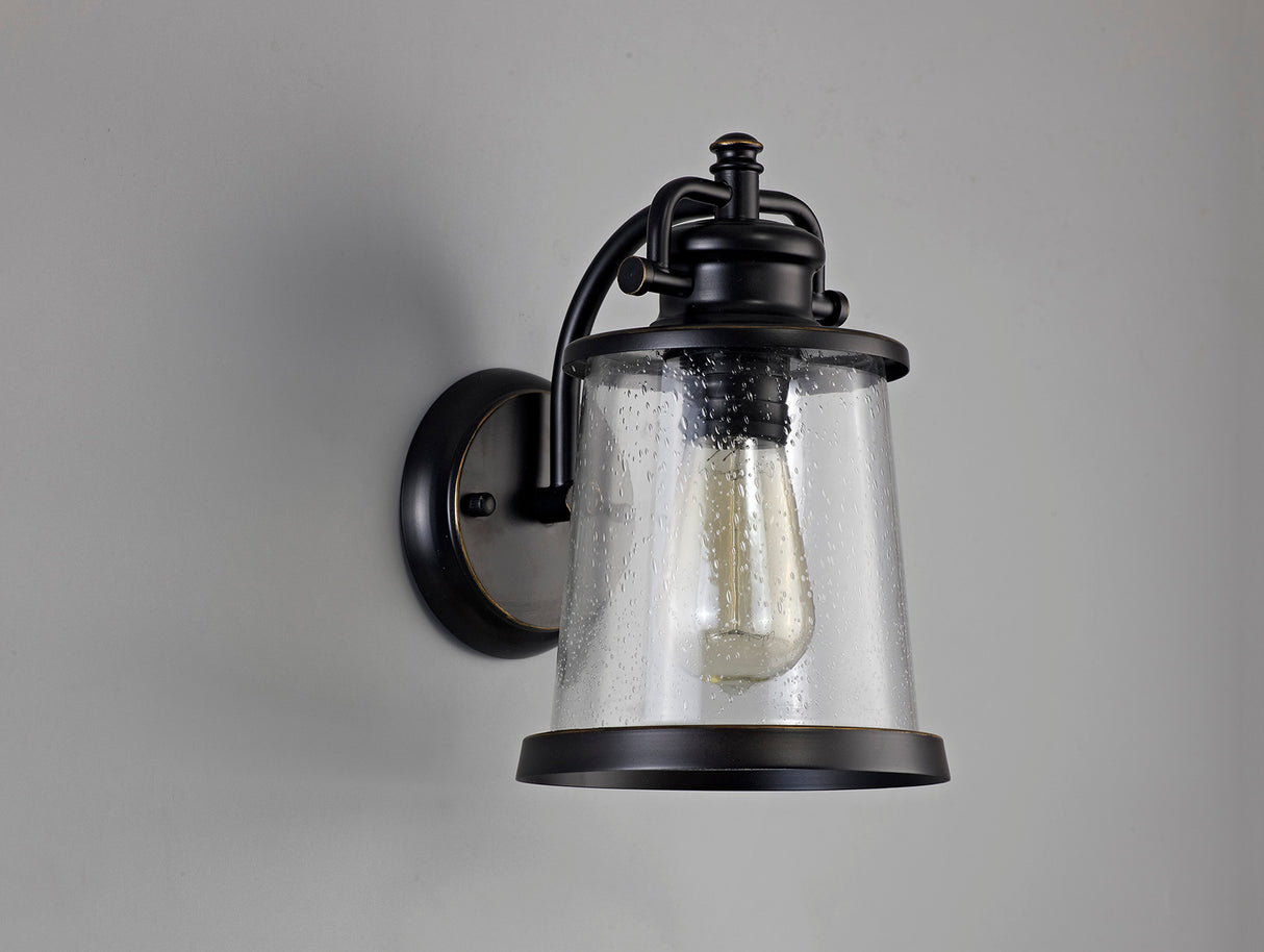 Cooke Wall Lamp, 1 x E27, Black/Gold With Seeded Clear Glass, IP54, 2yrs Warranty