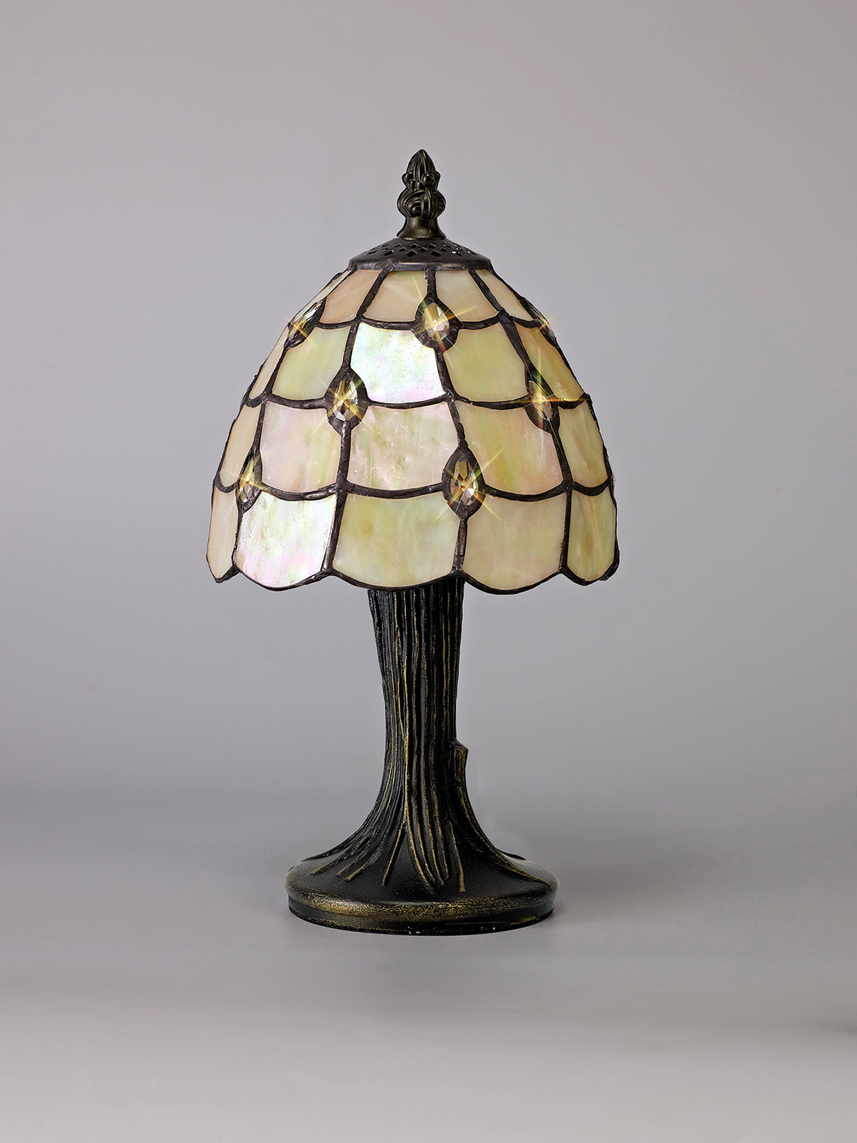 Finney Tiffany Table Lamp, 1 x E14, Black/Gold, Beige/Clear Crystal Shade