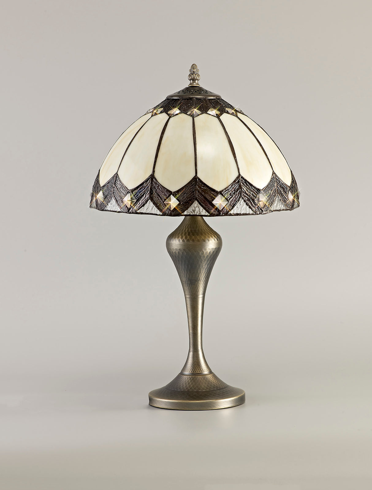 Corner Tiffany Table Lamp, 1 x E27, Aged Antique Brass Base/Cream/Brown Glass/Clear Crystal