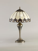 Corner Tiffany Table Lamp, 1 x E27, Aged Antique Brass Base/Cream/Brown Glass/Clear Crystal