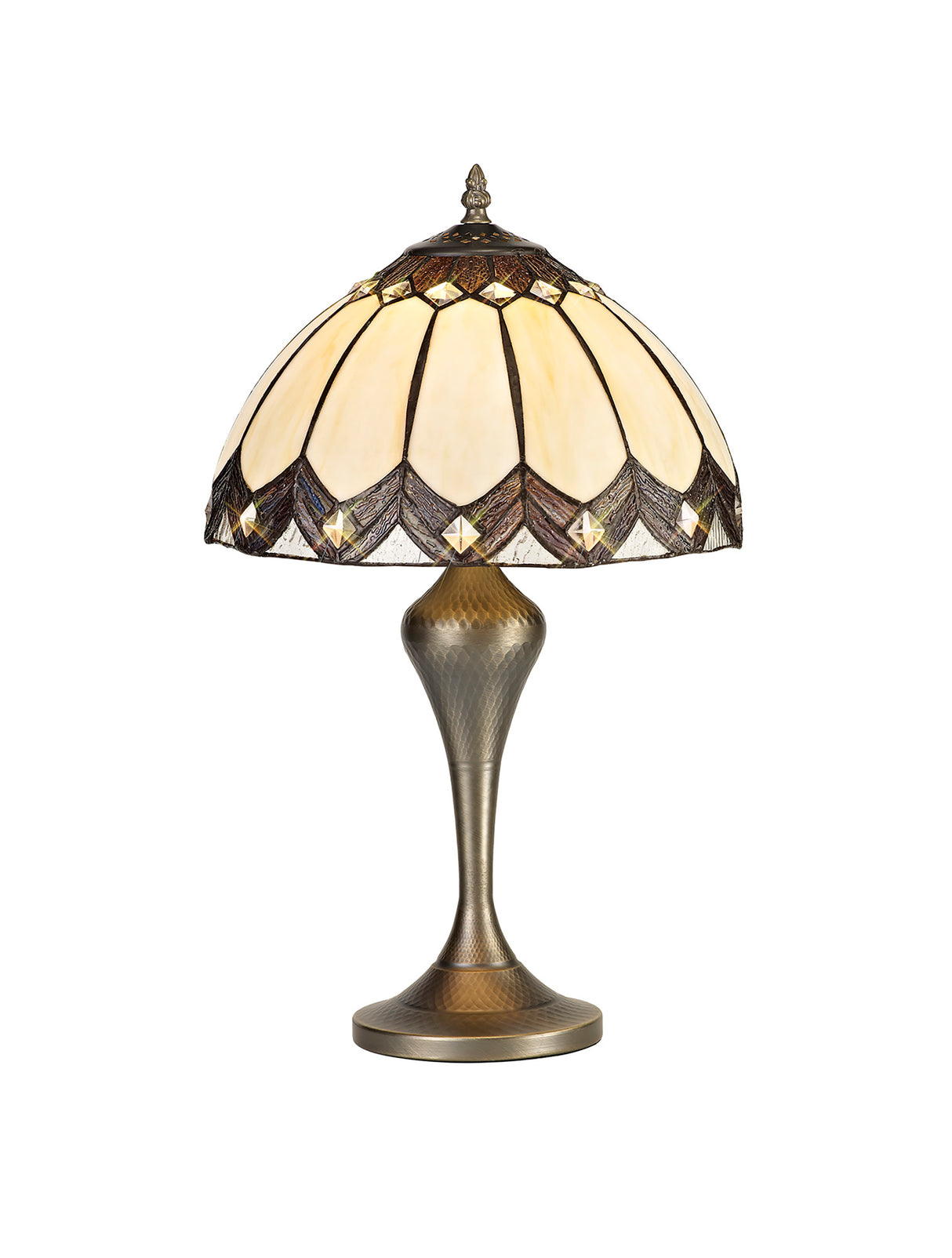 Corner Tiffany Table Lamp, 1 x E27, Aged Antique Brass Base/Cream/Brown Glass/Clear Crystal