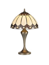 Corner Tiffany Table Lamp, 1 x E27, Aged Antique Brass Base/Cream/Brown Glass/Clear Crystal