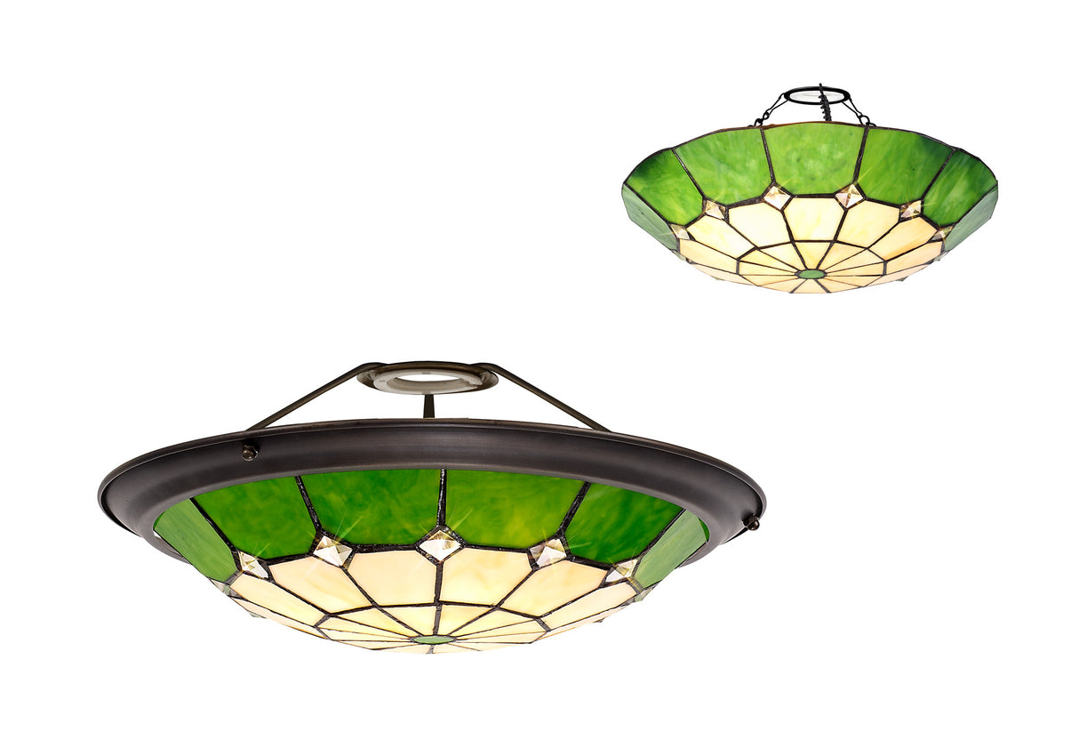 Belfit, Tiffany 35cm Non-Electric Uplighter Shade, Cream/Green/Clear Crystal Centre/Aged Antique Brass Trim