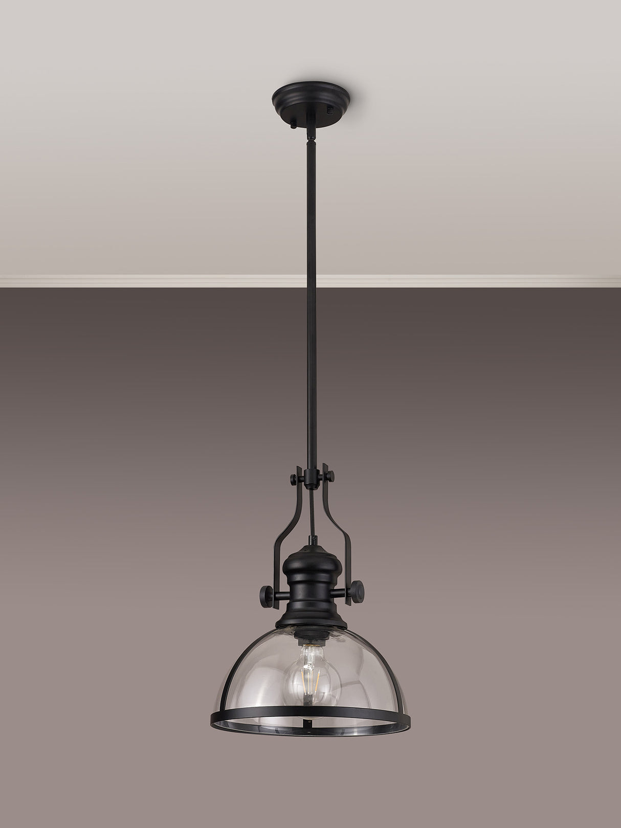 Munro Pendant, 1 x E27, Matt Black With Round 30cm Matt Black / Clear Glass Shade