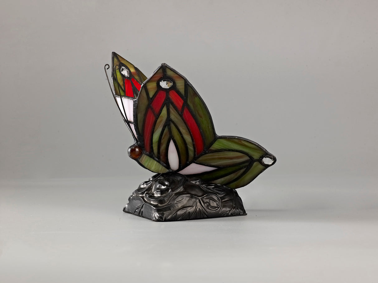 Quinn Tiffany Butterfly Table Lamp, 1 x E14, Black Base With Green/Red Glass With Clear Crystal