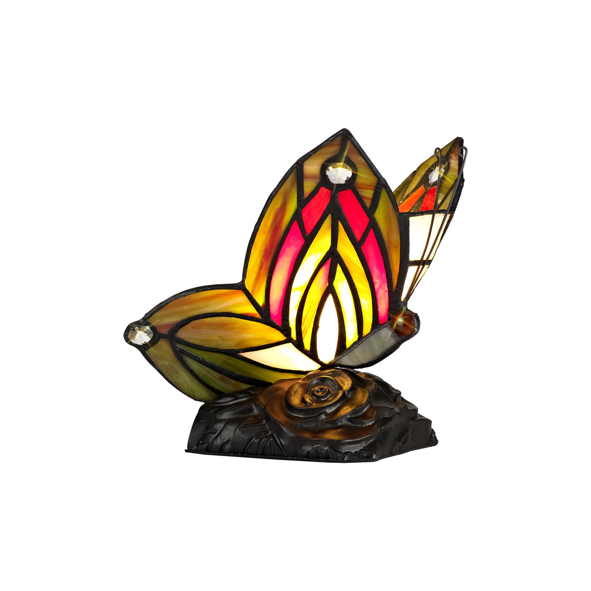 Quinn Tiffany Butterfly Table Lamp, 1 x E14, Black Base With Green/Red Glass With Clear Crystal