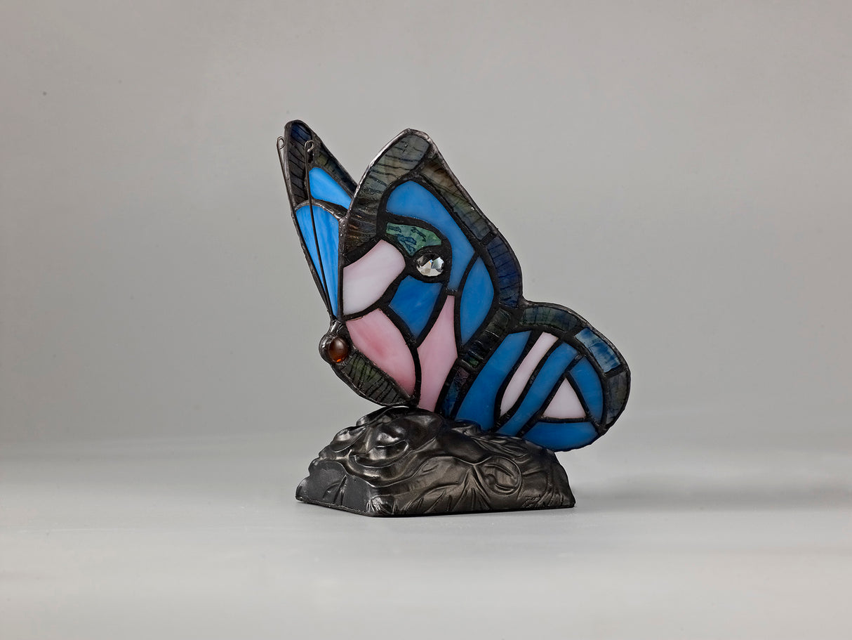 Quinn Tiffany Butterfly Table Lamp, 1 x E14, Black Base With Blue/Pink Glass With Clear Crystal