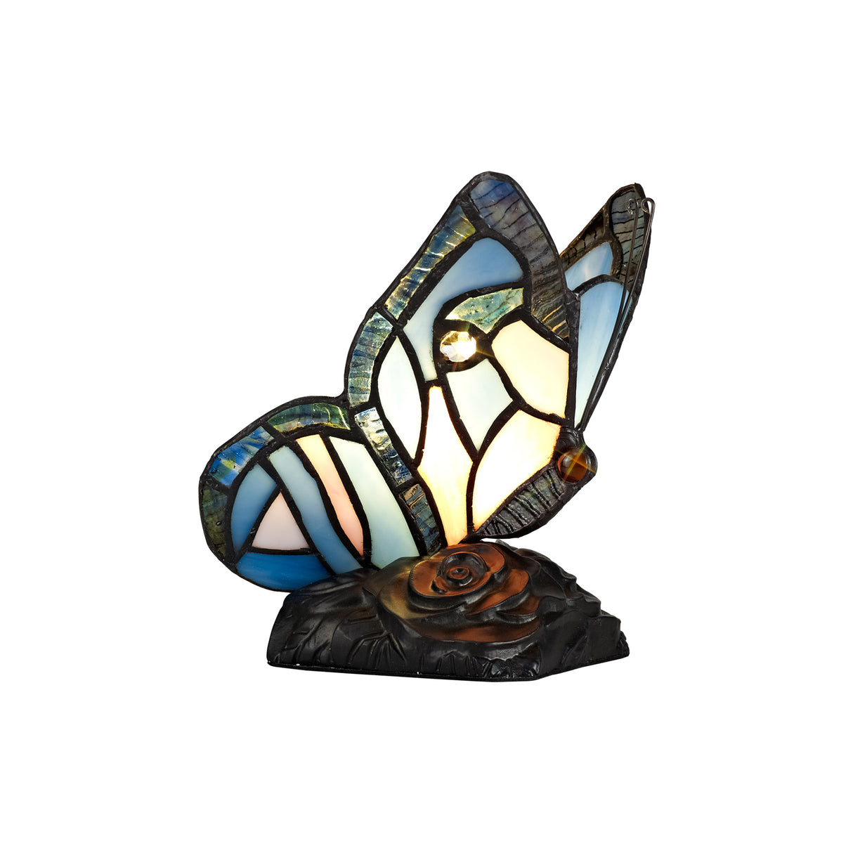 Quinn Tiffany Butterfly Table Lamp, 1 x E14, Black Base With Blue/Pink Glass With Clear Crystal