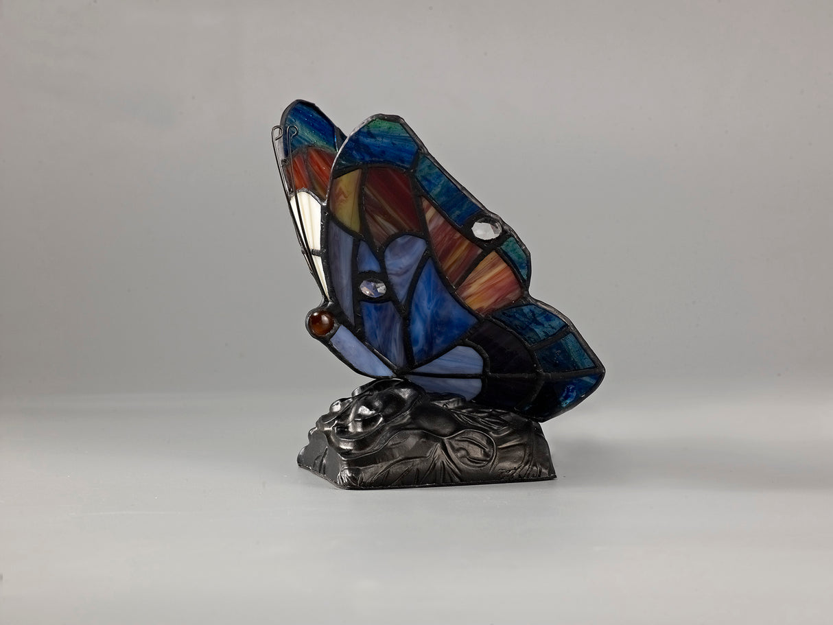 Quinn Tiffany Butterfly Table Lamp, 1 x E14, Black Base With Blue/Brown Glass With Clear Crystal