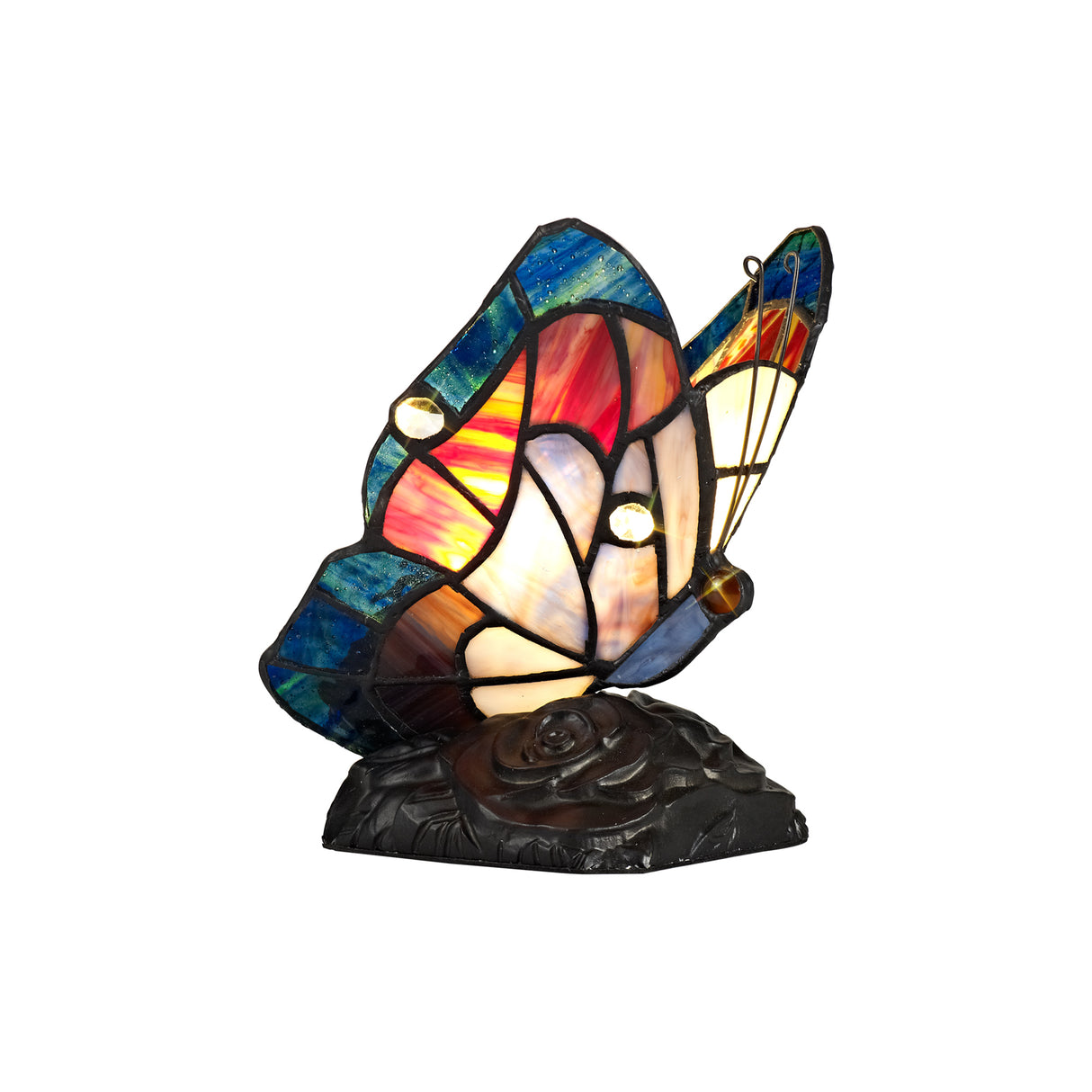 Quinn Tiffany Butterfly Table Lamp, 1 x E14, Black Base With Blue/Brown Glass With Clear Crystal