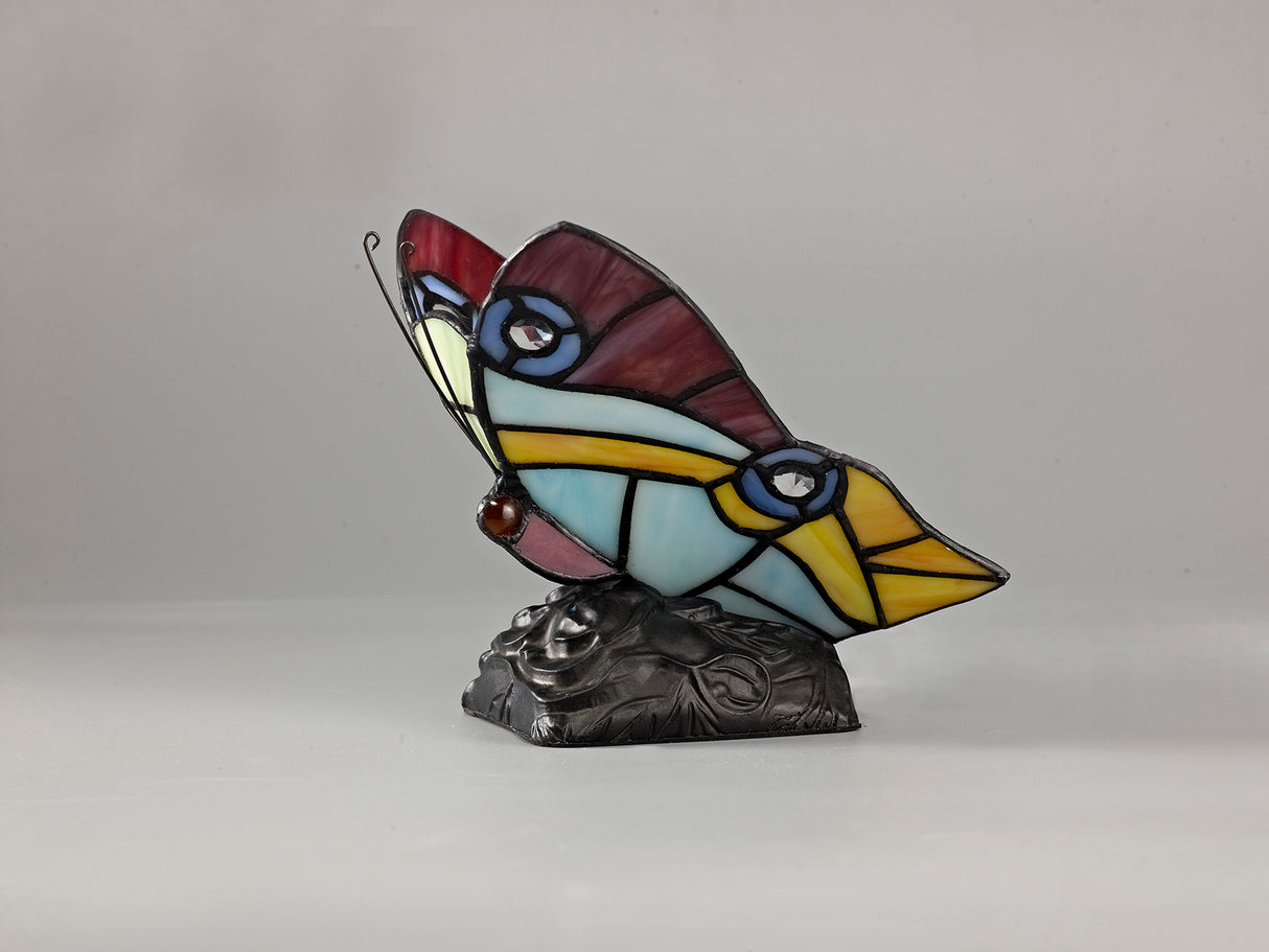 Quinn Tiffany Butterfly Table Lamp, 1 x E14, Black Base With Red/Yellow/Blue Glass With Clear Crystal