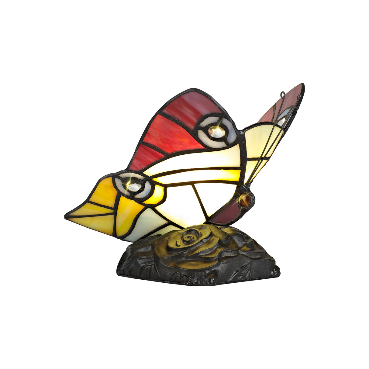 Quinn Tiffany Butterfly Table Lamp, 1 x E14, Black Base With Red/Yellow/Blue Glass With Clear Crystal