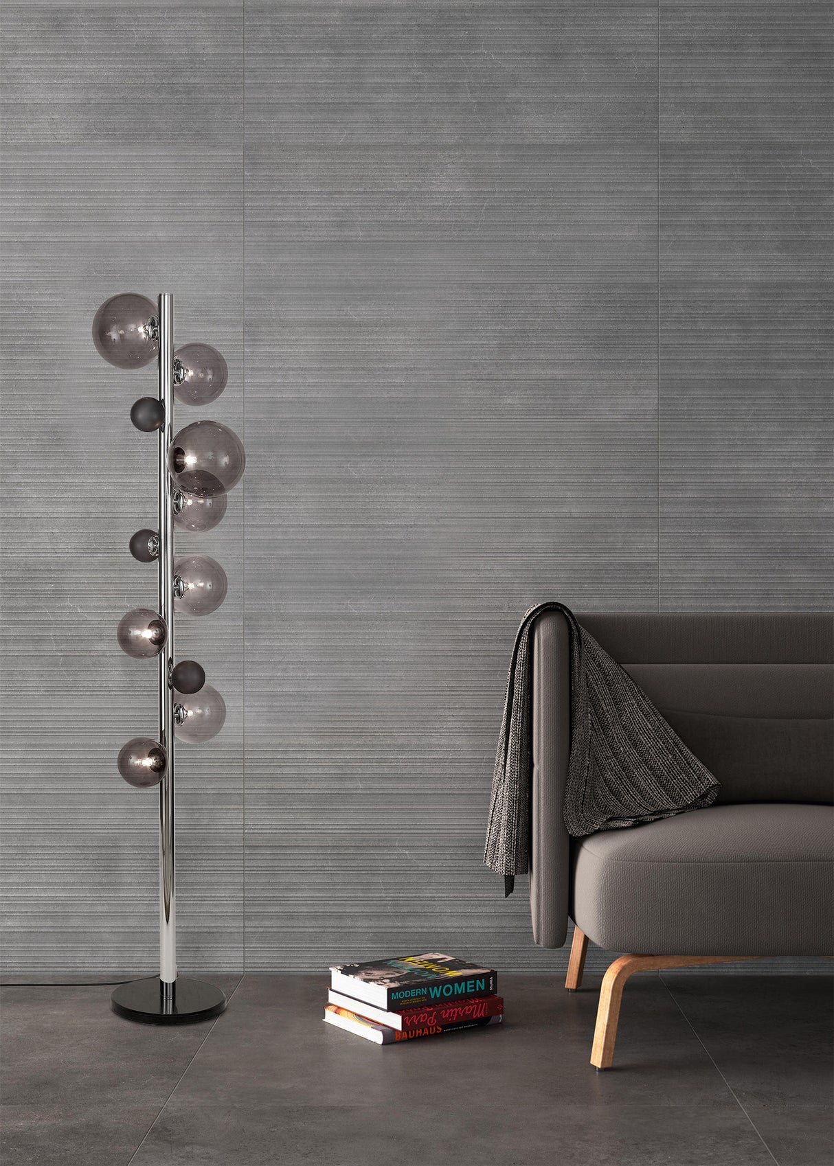 Suggett Floor Lamp, 8 x G9, Polished Chrome/Smoked Glass With Black Marble Base