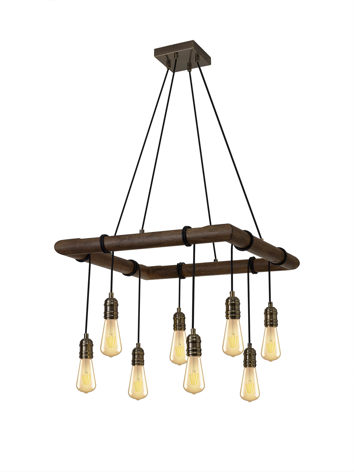 Tiler Square Pendant, 8 x E27, Medium Oak/Antique Brass