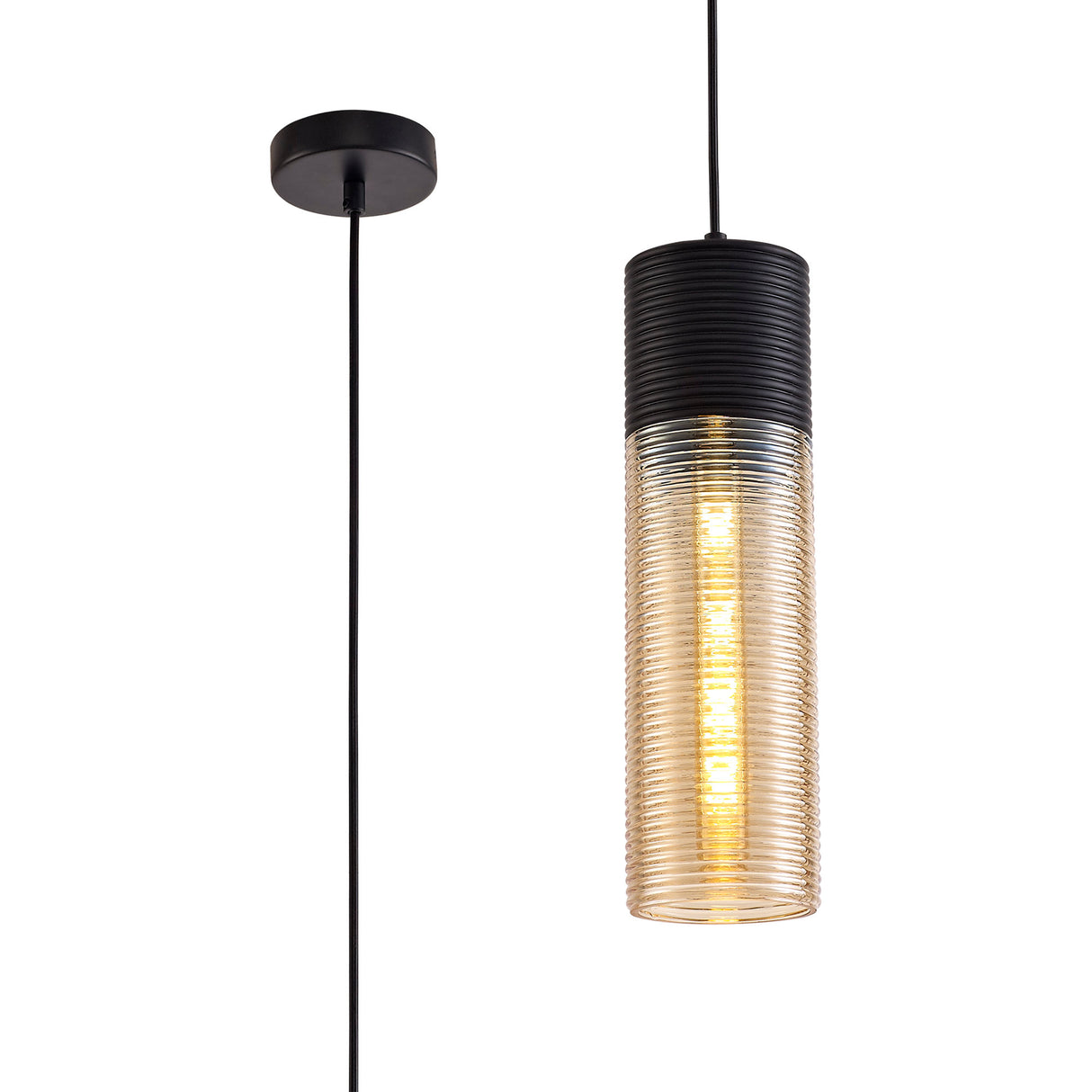 Herd Single Tube Pendant 1 Light E27, Black/Amber Glass