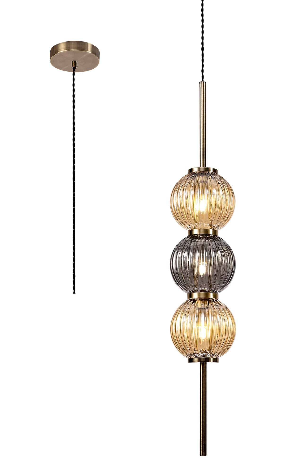 Halom Pendant, 3 x G9, Antique Brass/Smoked & Amber Glass