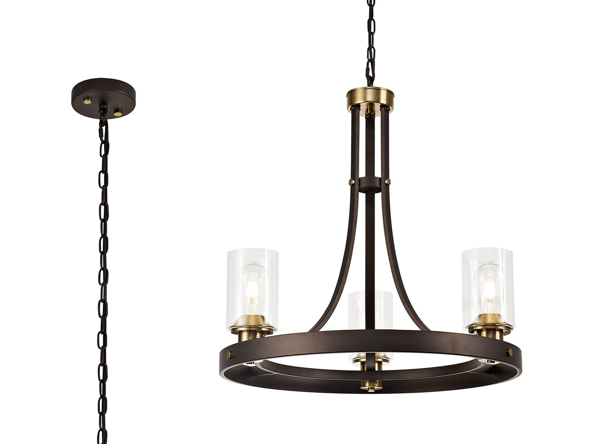 Owers Pendant 3 Light E27, Brown Oxide/Gold Bronze With Clear Glass Shades