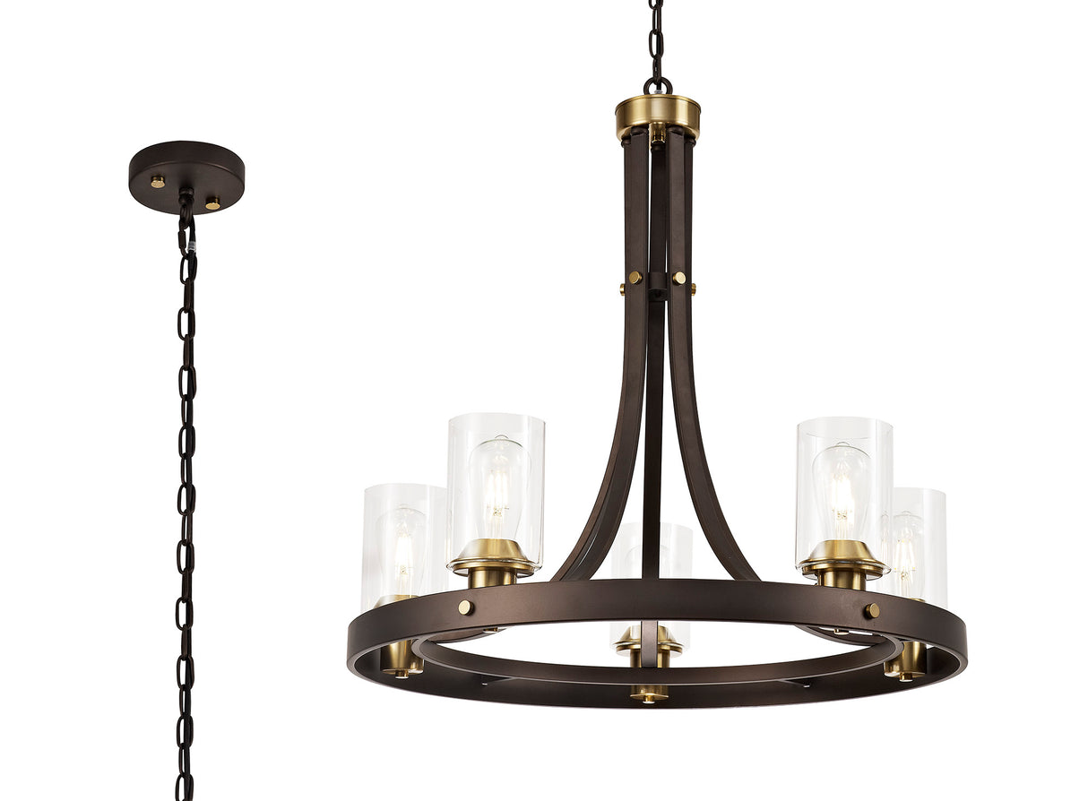 Owers Pendant 5 Light E27, Brown Oxide/Gold Bronze With Clear Glass Shades