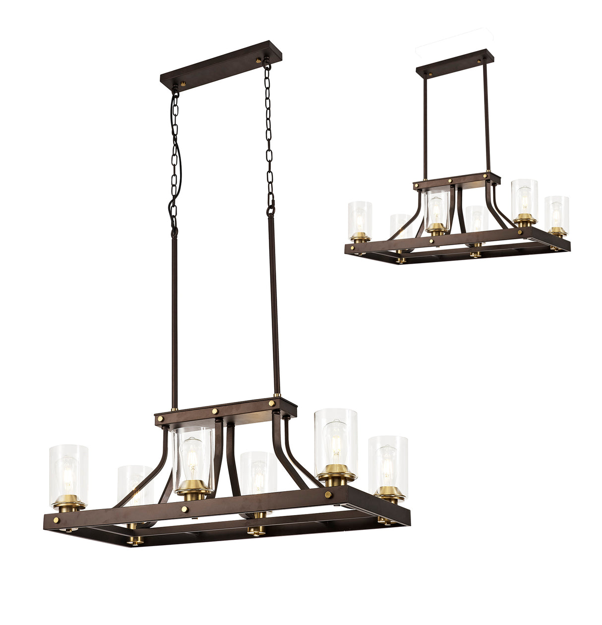 Owers Linear Pendant 6 Light E27, Brown Oxide/Gold Bronze With Clear Glass Shades