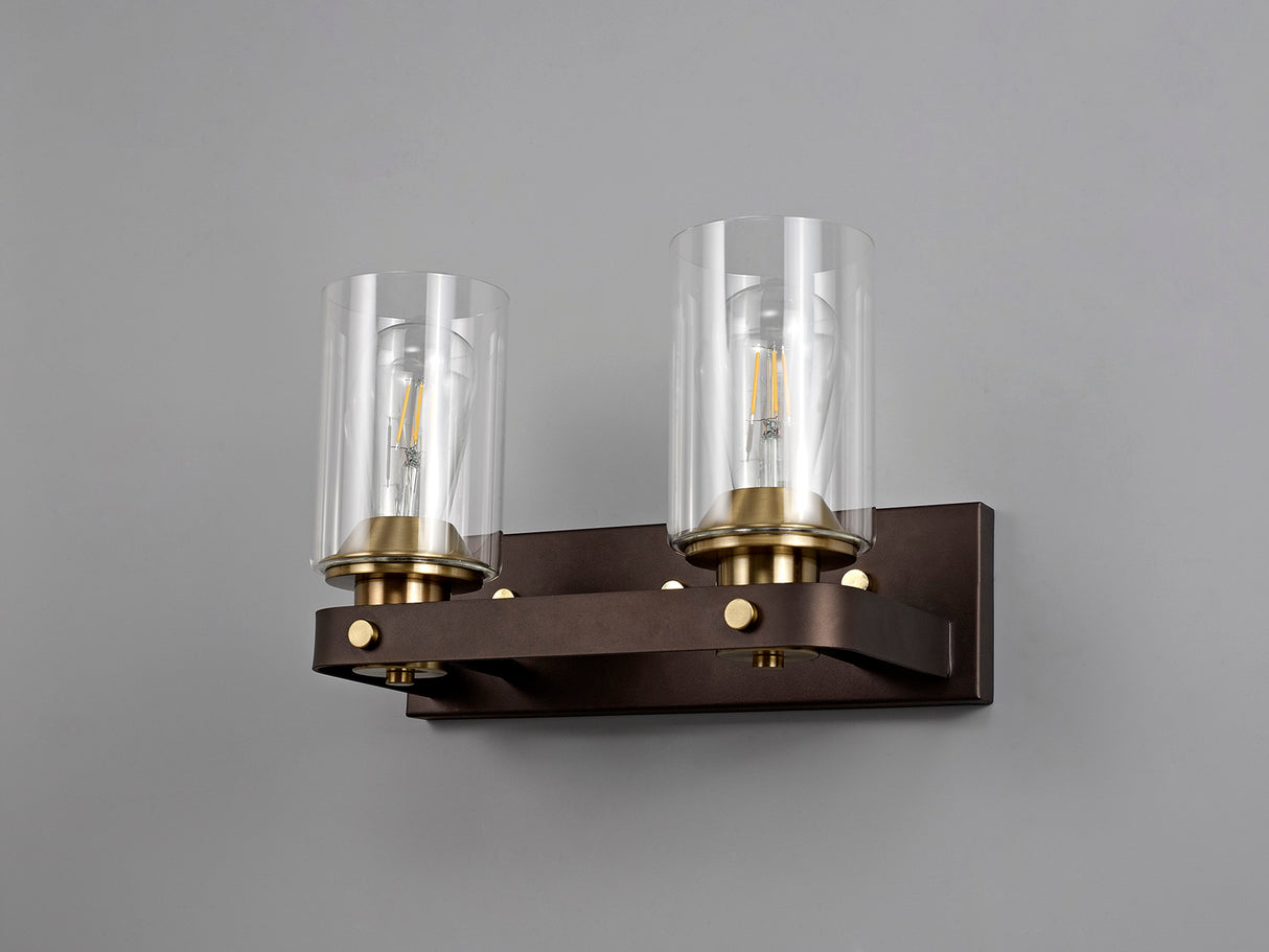 Owers Wall Lamp 2 Light E27, Brown Oxide/Gold Bronze With Clear Glass Shades