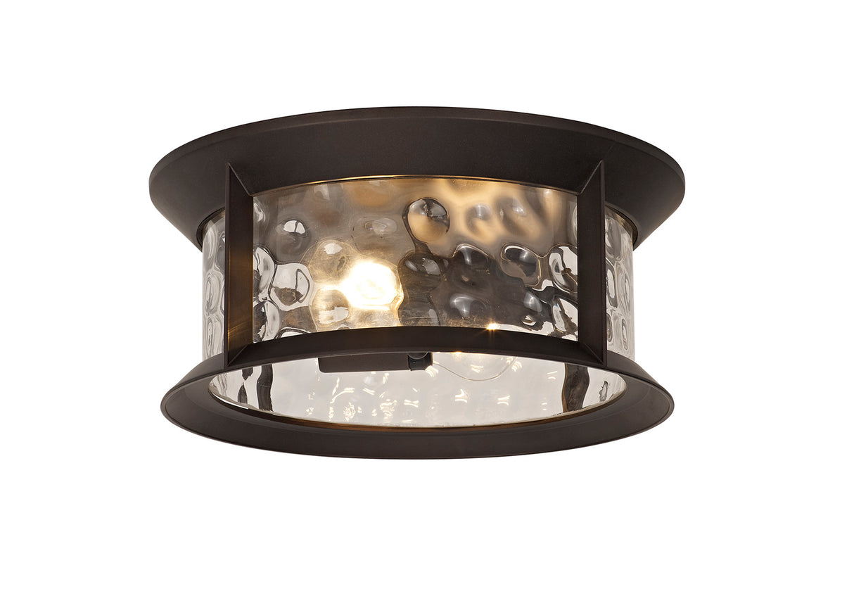 Goodman Flush Ceiling Lamp, 2 xE27, Antique Bronze/Clear Ripple Glass, IP54, 2yrs Warranty