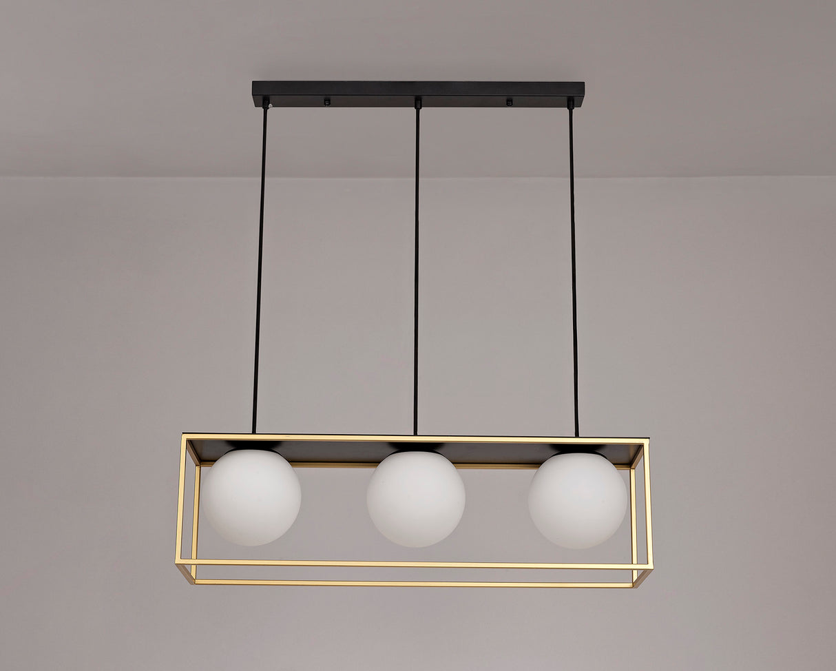 Heslop Linear Pendant, 3 Light Adjustable E14, Matt Black/Painted Gold