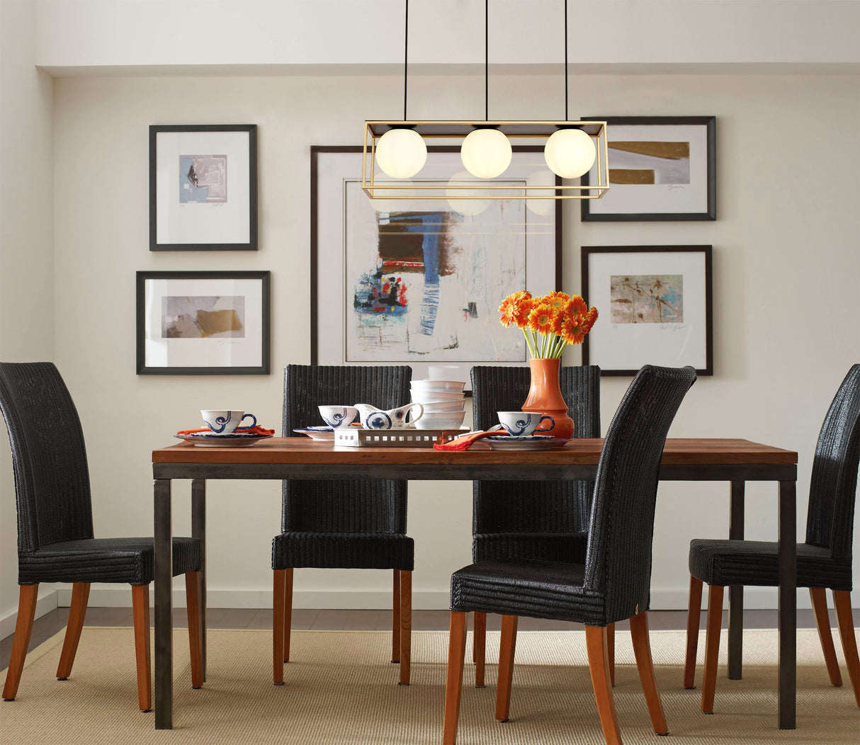 Heslop Linear Pendant, 3 Light Adjustable E14, Matt Black/Painted Gold