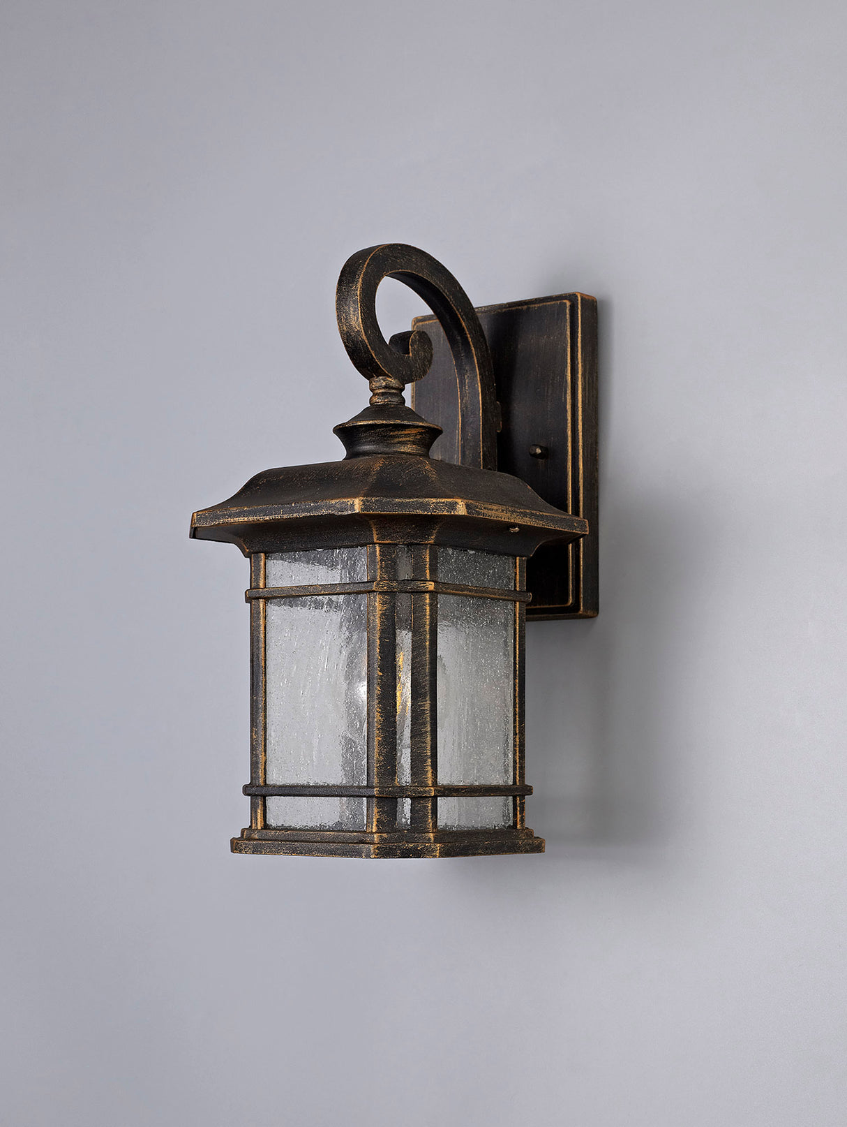 Chambers Small Wall Lamp, 1 x E27, Brushed Black Gold/Seeded Glass, IP54, 2yrs Warranty