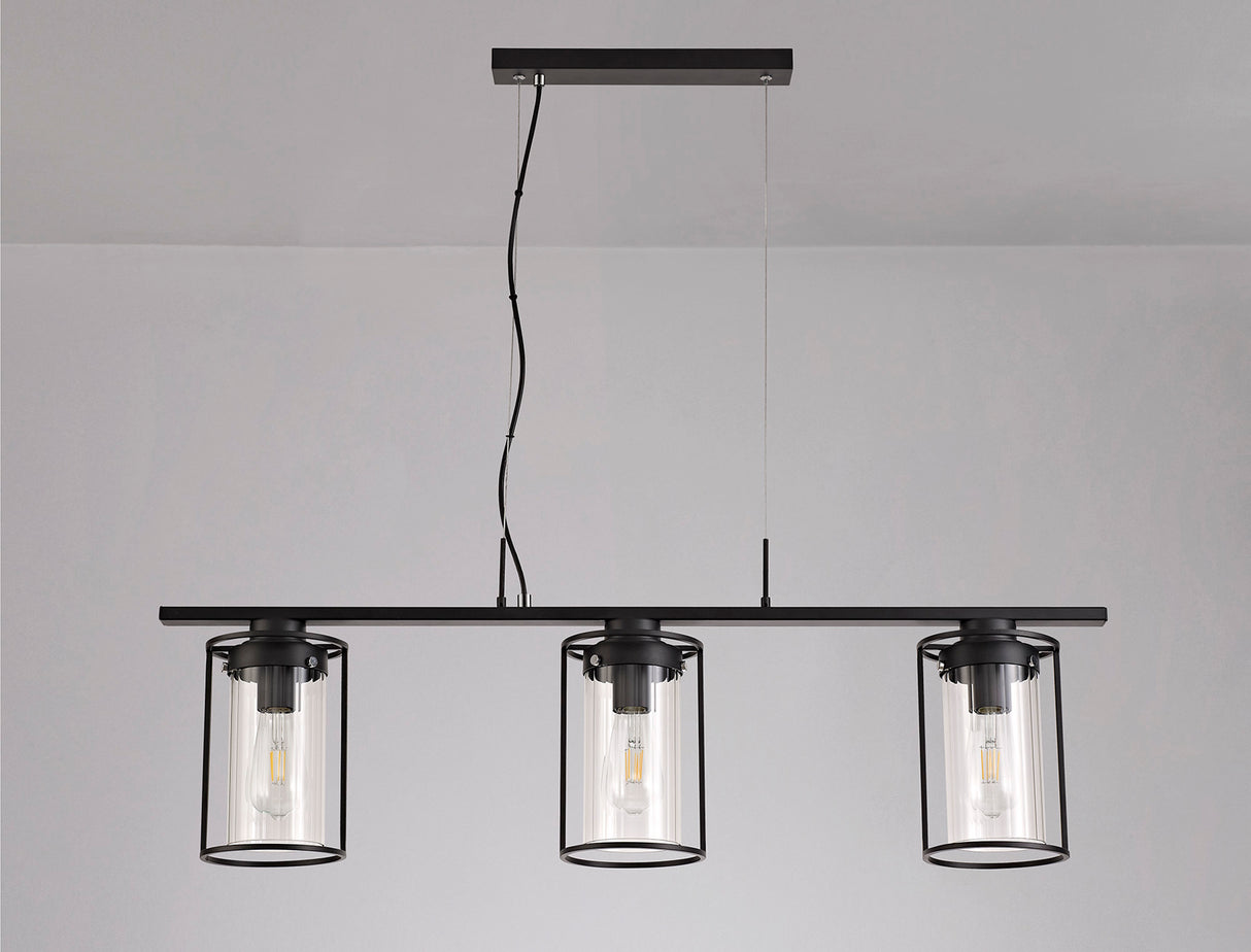 Swinburne Linear Pendant, 3 Light E27, Black/Clear Glass