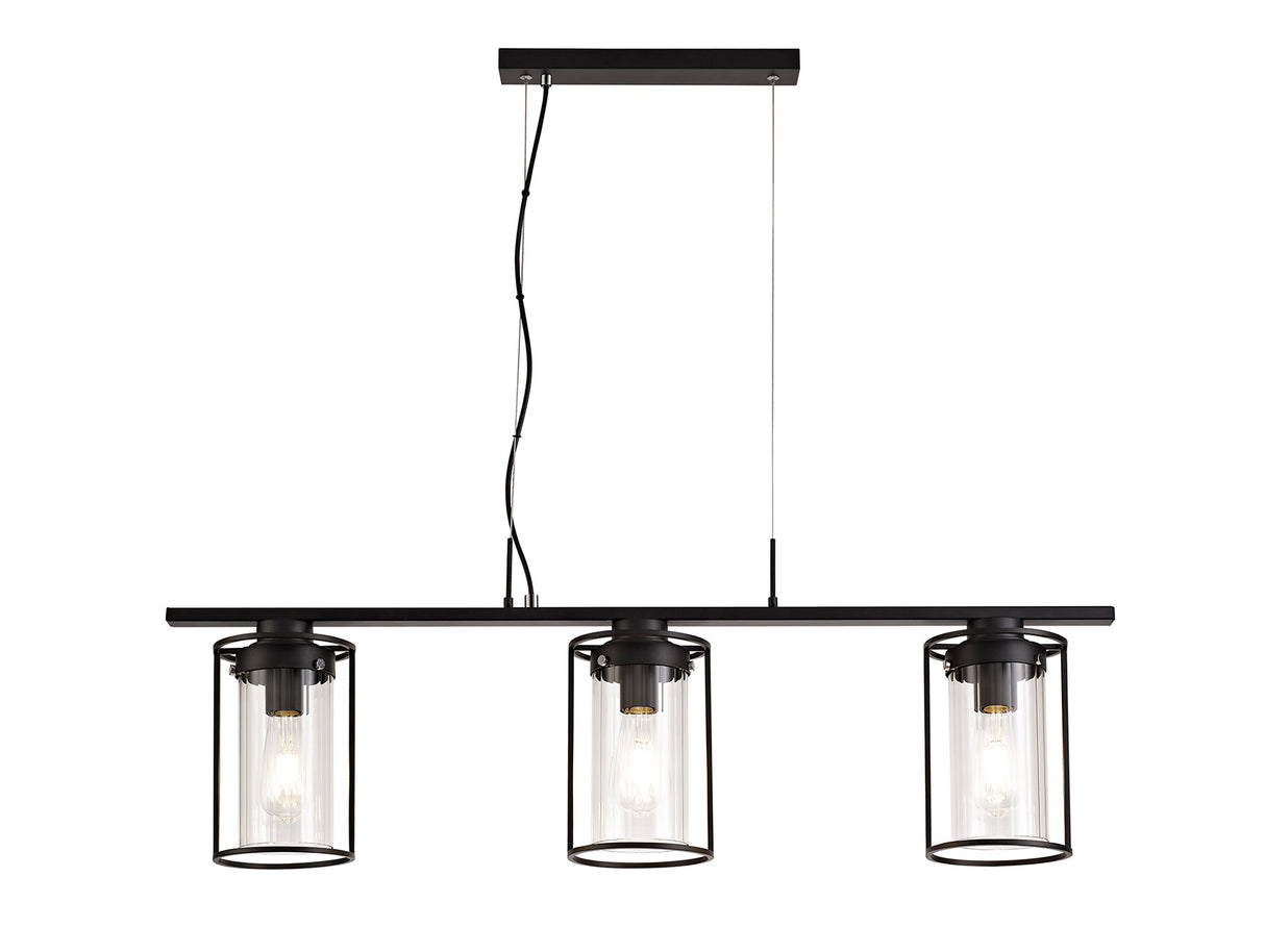 Swinburne Linear Pendant, 3 Light E27, Black/Clear Glass