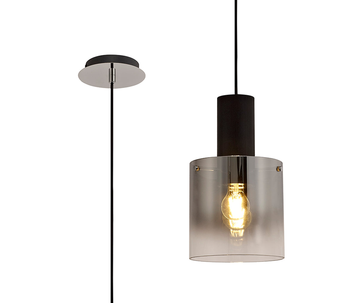 Chisholm Single Pendant, 1 Light Adjustable E27, Black/Smoke Fade Glass