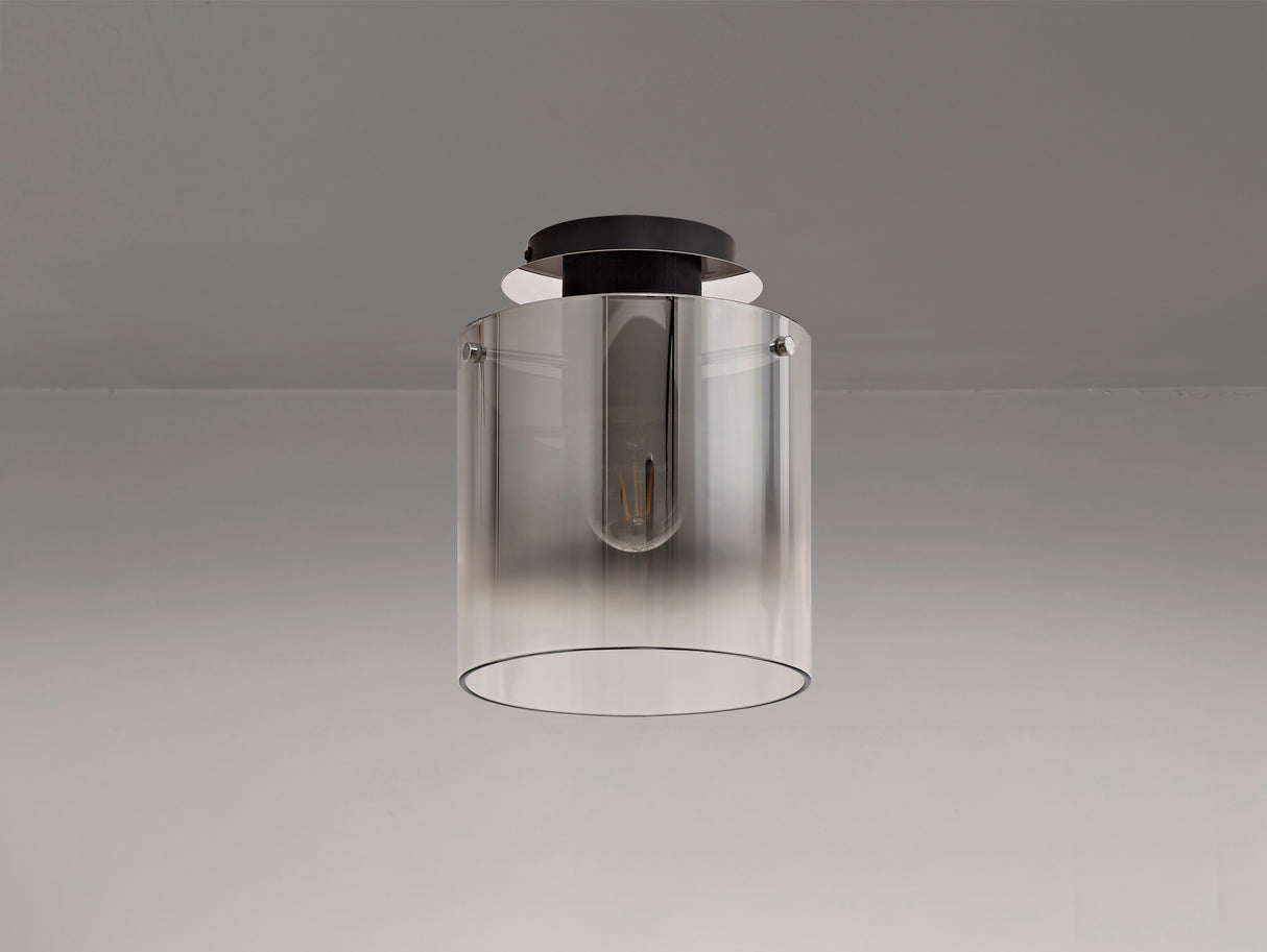 Chisholm Round Ceiling Flush, 1 Light Flush Fitting E27, Black/Smoke Fade Glass