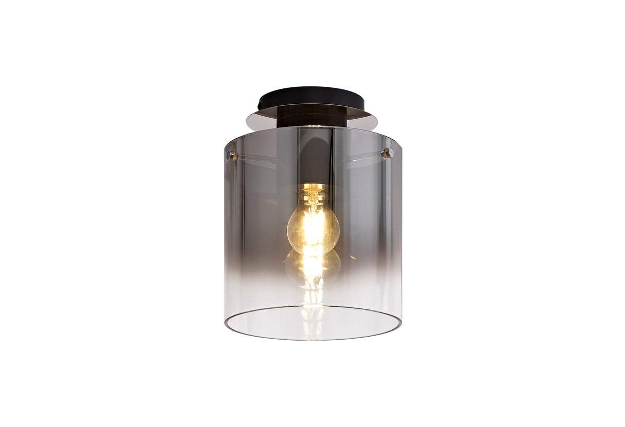 Chisholm Round Ceiling Flush, 1 Light Flush Fitting E27, Black/Smoke Fade Glass