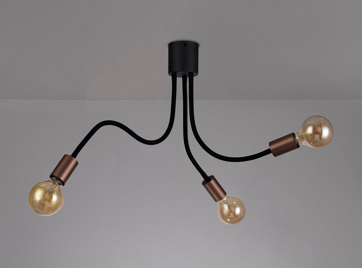 Hawkes Flexible Ceiling 3 Light E27, Satin Black/Brushed Copper