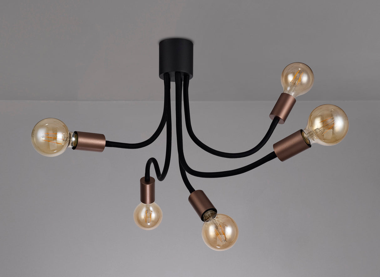 Hawkes Flexible Ceiling 5 Light E27, Satin Black/Brushed Copper