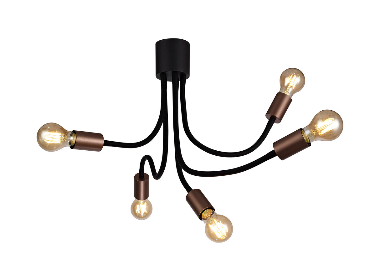 Hawkes Flexible Ceiling 5 Light E27, Satin Black/Brushed Copper