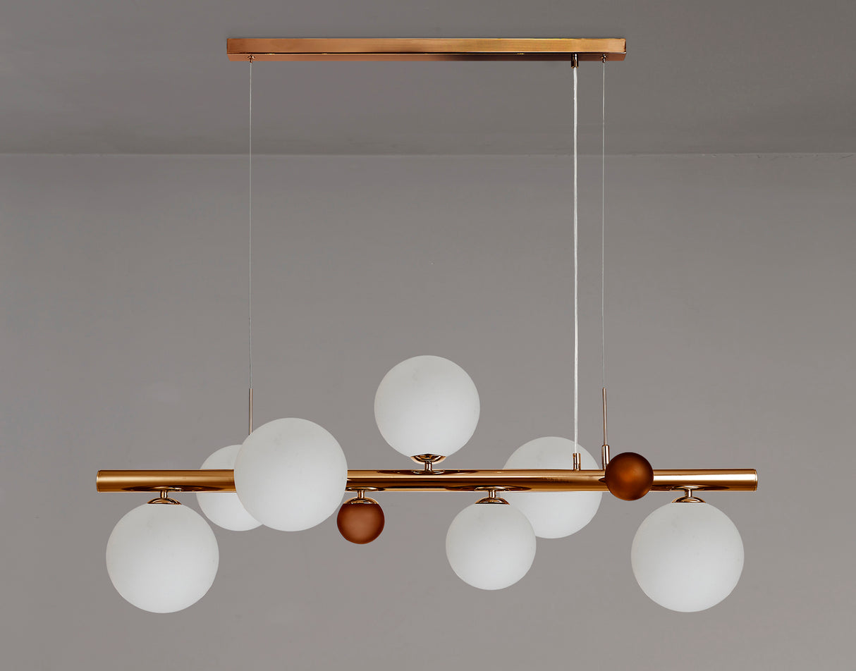 Suggett Linear Pendant , 7 x G9, Antique Copper, Opal & Copper Glass